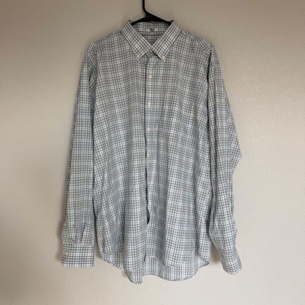 Peter Millar Mens XL Button Down Shirt Plaid Cotton Grey Blue Green Long Sleeve